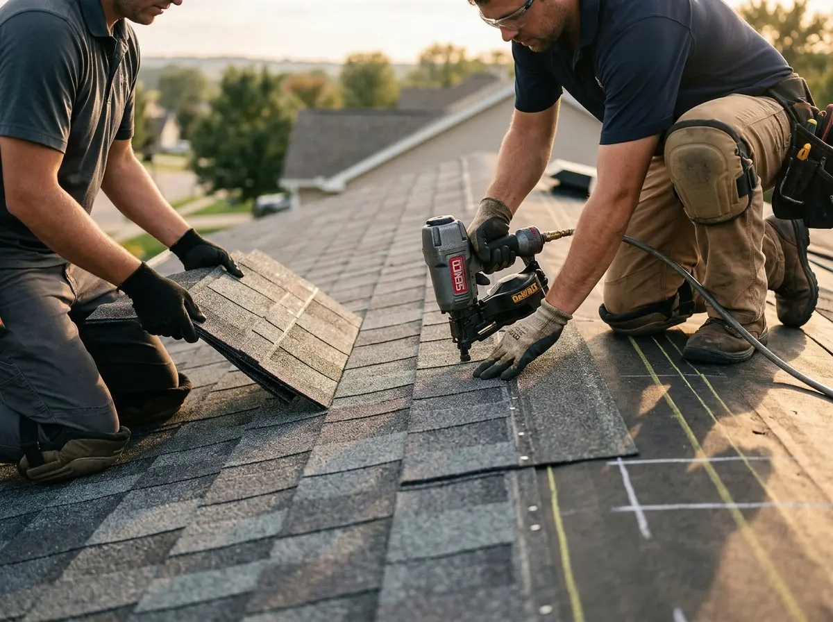 Professional roofer working on a residential roof in Wisconsin Rapids